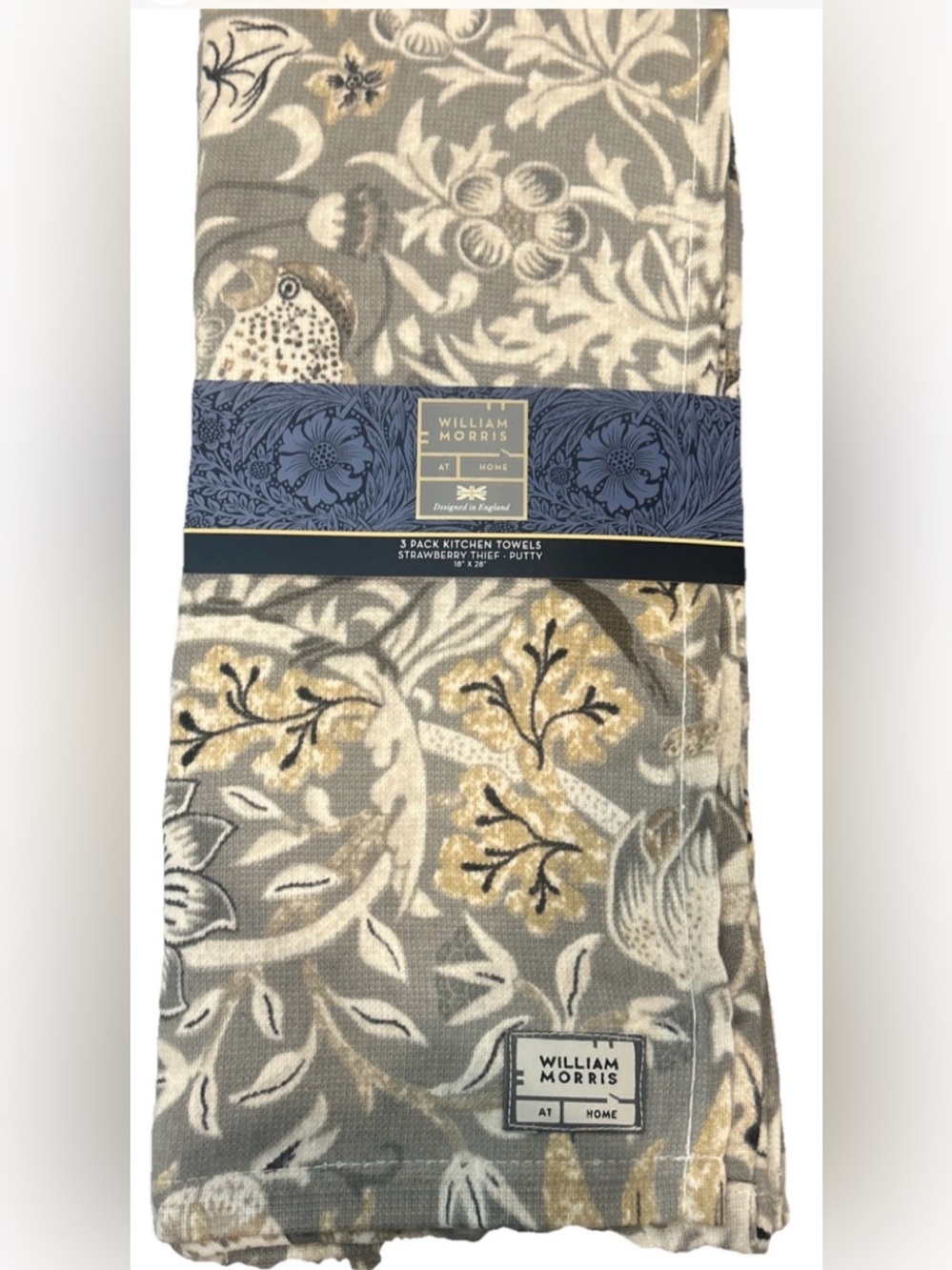 William Morris 3 Pack Kitchen Dish Towels Strawberry Thief Putty gray 18x28